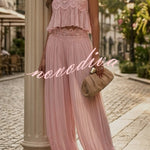 Dreamy Crinkle Chiffon Lace Trim Tank and High Rise Loose Lantern Pants Set