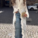 Vivianna Floral Lace Ruffles Trim Long Bell Sleeve Lapel Maxi Dress