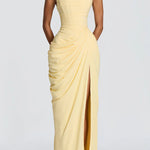 Cyra Back Lace-up Asymmetrical Pleats Strapless Slit Maxi Dress