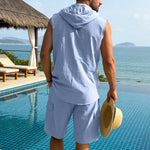 KZZ Loose-Fit, Breathable Linen Summer Set: Hooded Sleeveless Shirt & Cargo Shorts