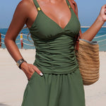 Solid Color V-neck Casual Pocket Stretch Two-piece Swimsuit
