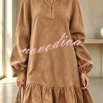 Suede Zipper Neck Long Balloon Sleeve Ruffle Hem Mini Dress