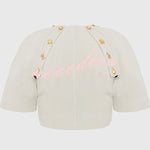 Custom Look Linen Blend Unique Metal Pattern Buttons Slit Half Sleeve Crop Jacket