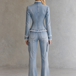 Chic Corset Fitted Frayed Trim V-Neck Light Wash Button Front Denim Jacket