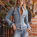 Chic Corset Fitted Frayed Trim V-Neck Light Wash Button Front Denim Jacket