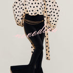 Chrissa Satin Polka Dot Print Lace Trim Tie-up Neck Balloon Sleeve Loose Blouse