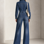 Retro Western Zip Pocket Collared Long Sleeve Wide Leg Denim Jumpsuit