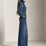 Retro Western Zip Pocket Collared Long Sleeve Wide Leg Denim Jumpsuit