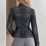 Vintage Grunge Dark Wash Stand Collar Cinched Waist Fitted Denim Jacket