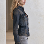 Vintage Grunge Dark Wash Stand Collar Cinched Waist Fitted Denim Jacket