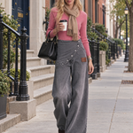 Modern Chic Asymmetric Snap Button Wrap Front Gray Wash Wide Leg Jeans
