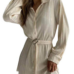 Long Sleeves Buttoned Pleated Solid Color Tied Waist Lapel Mini Dresses Shirt Dress