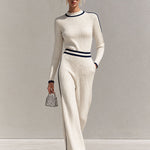 Retro Casual Color-blocked White Knit Top And Pants Set