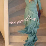 Elegant Night V-Neck Long Sleeve Layered Tassel Hem Maxi Dress