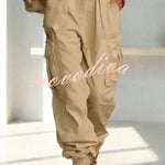 Street Style Solid Color High Waist Pocketed Loose Fit Cargo Pants