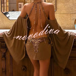 Alula Chain Sequin Embroidered Butterfly Kimono Slit Sleeve Backless Mini Dress