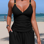 Solid Color V-neck Casual Pocket Stretch Two-piece Swimsuit
