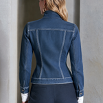 Modern Chic Stand Collar Zip Up Contrast Stitch Fitted Denim Jacket