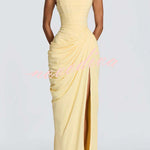 Cyra Back Lace-up Asymmetrical Pleats Strapless Slit Maxi Dress