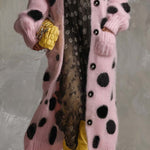Vintage Fashion Lazy Front Button Black Polka Dot Pink Imitation Rabbit Fur Knitted Long-sleeved Cardigan
