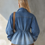 Vintage Utility Faded Wash Cinched Waist Zip Up Peplum Denim Jacket