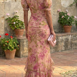Unique Print Stand Collar Puff Sleeve Slim Fit Ruffle Maxi Dress
