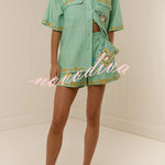 Linen Blend Loose-fitting Short-sleeved Button-down Shirt and Casual Pocket Shorts Set
