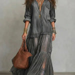 Blue Faux Denim Shirt Collar With Sheer Pockets Maxi Dress