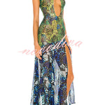 Ellie Color Block Butterfly Print Cutout Design Stand Neck Chiffon Hem Midi Dress