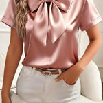 Solid Color Satin Collared Short-sleeved Tie Bow Casual Shirt