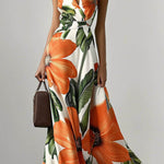Floral Print V-neck Sleeveless Fitted Waist Vacation Maxi Dress