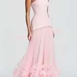Serafina Strapless Back Lace-up Handcrafted Floral Appliqués Pleated Hem Gown Maxi Dress