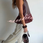 Stylish Halter Neck Sleeveless Leather Tassel Loose Top