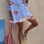 Piper Unique Lobster Ocean Embroidery Pattern Half Sleeve Oversized Shirt