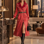 Vintage Western Red Velvet Collar Belted Button Front Denim Trench Coat