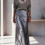 Velma Ribbed Knit V-neck Long Sleeve Relaxed Sweater and Satin Slip Midi Dress
