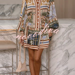 Palace Style Linen Blend Unique Print Button Balloon Sleeve Tie-up Shirt Mini Dress