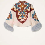 Bohemian Dreams Unique Print High Neck Feather Trim Bell Sleeve Top