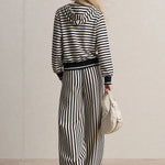 Retro Sporty Black And White Striped Cotton Cardigan And Pants Set