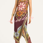 Bohemian Style Floral Print Tassel Trim Irregular Hem Slit Scarf Midi Dress