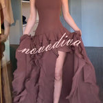 Elegant Sleeveless Off-shoulder Fitted Ruffled High Slit Maxi Dress