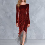 Elegant Tulle Hem Rust-Red Pleated Velvet Maxi Dress