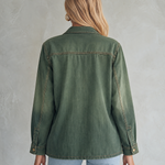 Vintage Utility Olive Green Ombre Gold Button Oversized Denim Shirt Jacket