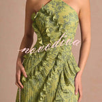 Dream Ode Lily Pad Style Pleats and Ruffles Halter Gown Maxi Dress