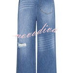 Street Style Denim Asymmetrical Pocket Design Mid Rise Distressed Wide Leg Jeans