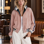 Retro Sporty Pink Washed Striped Rib Trim Oversized Zip Up Denim Bomber Jacket