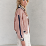 Retro Sporty Pink Washed Striped Rib Trim Oversized Zip Up Denim Bomber Jacket