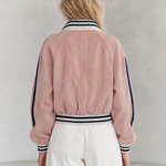Retro Sporty Pink Washed Striped Rib Trim Oversized Zip Up Denim Bomber Jacket