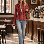 Vintage Military Red Washed Double Row Bronze Button Fitted Denim Band Jacket