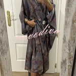 Airy Satin Unique Print V-neck Gemstone Embellished Drape Robe Maxi Dress